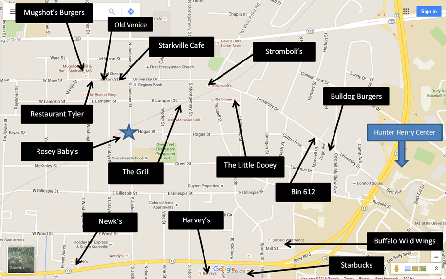 Map of eating locations around Starkville